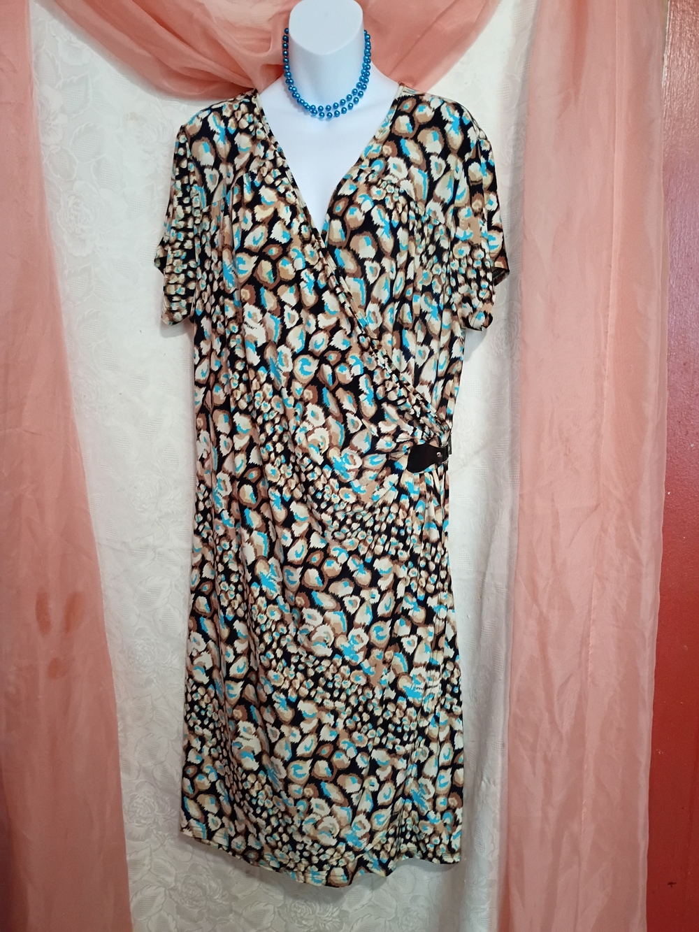 Mlle Gabrielle Ladies Brown and Turquoise Printed Faux-Wrap Midi Dress Sz 2X